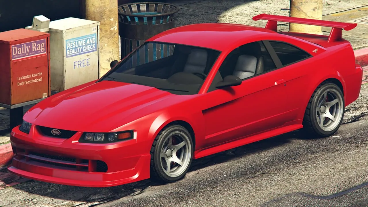 A Vapid Dominator ASP is parked on the side of the road