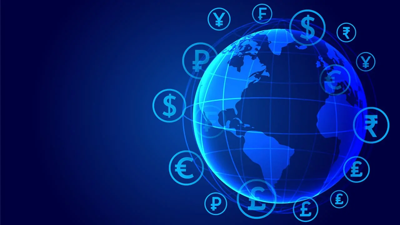 A globe on a blue background representing the concept of money