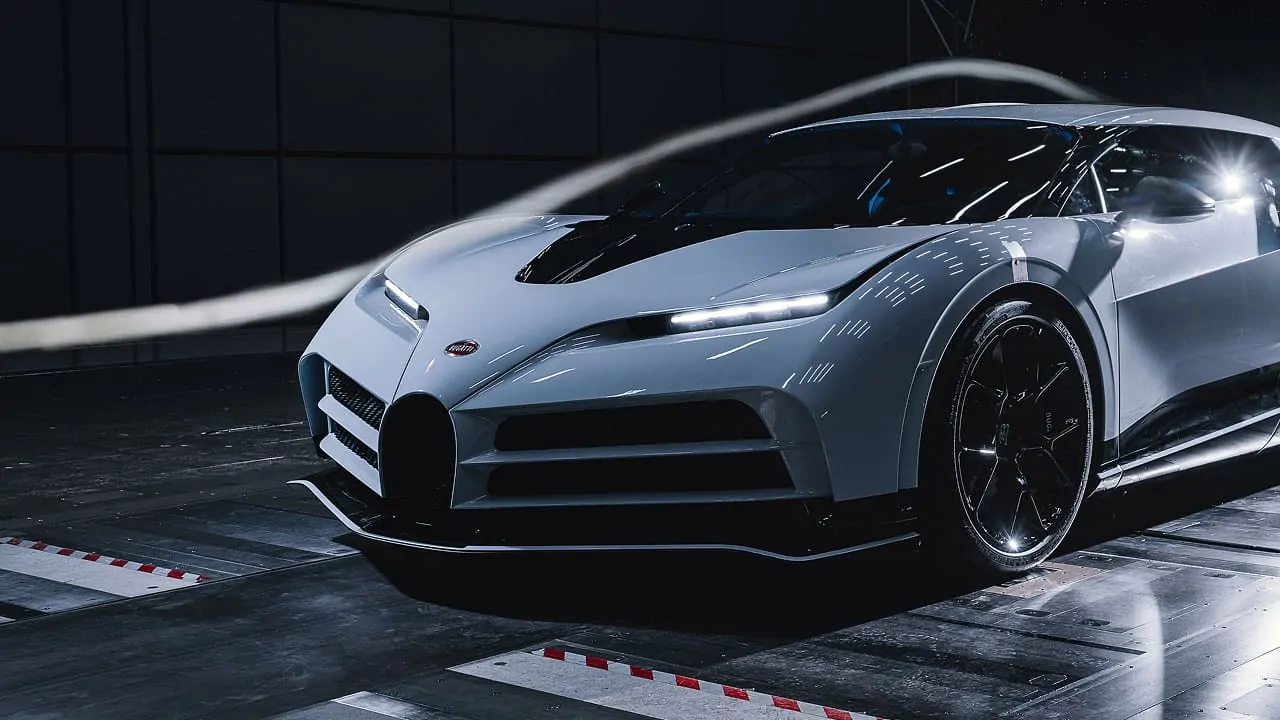 A white Bugatti Centodieci in a parking space