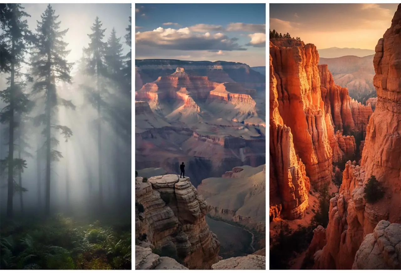 a lone traveler standing in awe as shifting shadows move across ancient layered rock. sweeping drone shot through glowing red Utah canyons at sunset